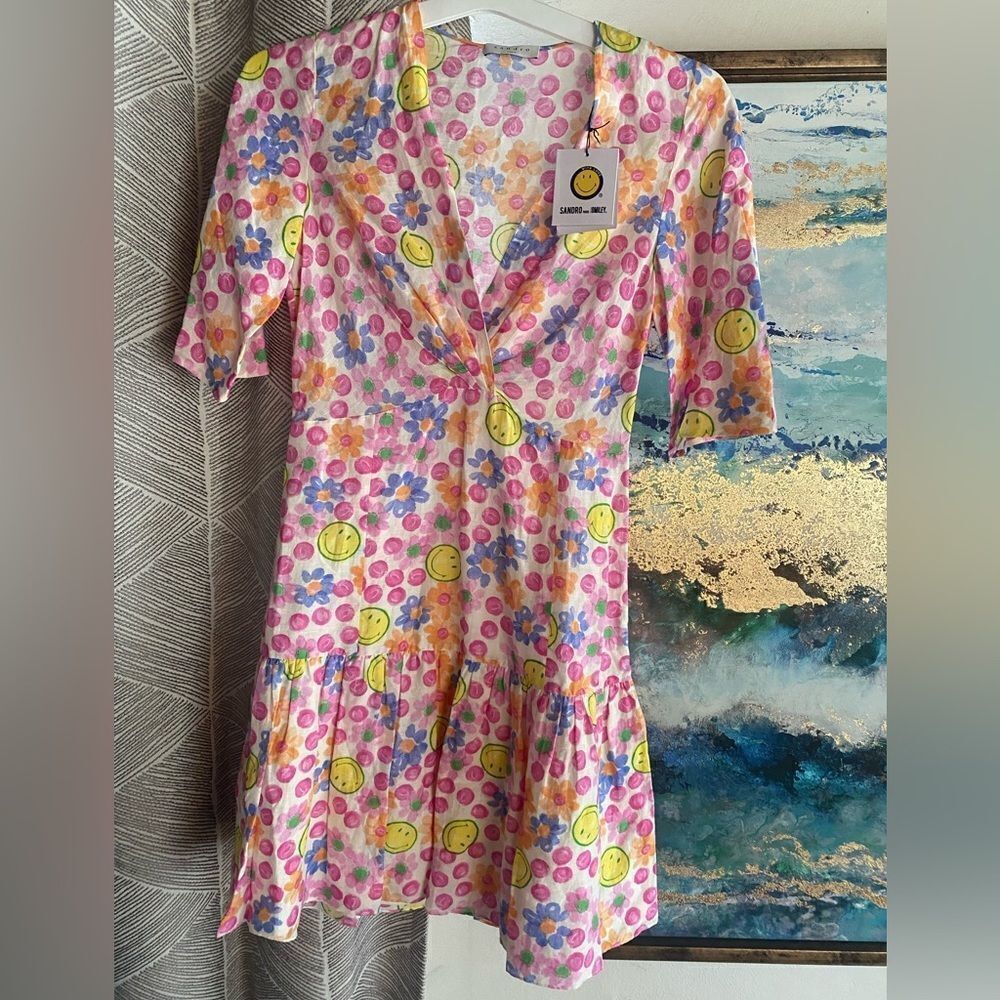 Sandro París Smiley Mini Dress Multicolored Short Sleeve Sz 34 US XS NWT - Picture 6 of 16